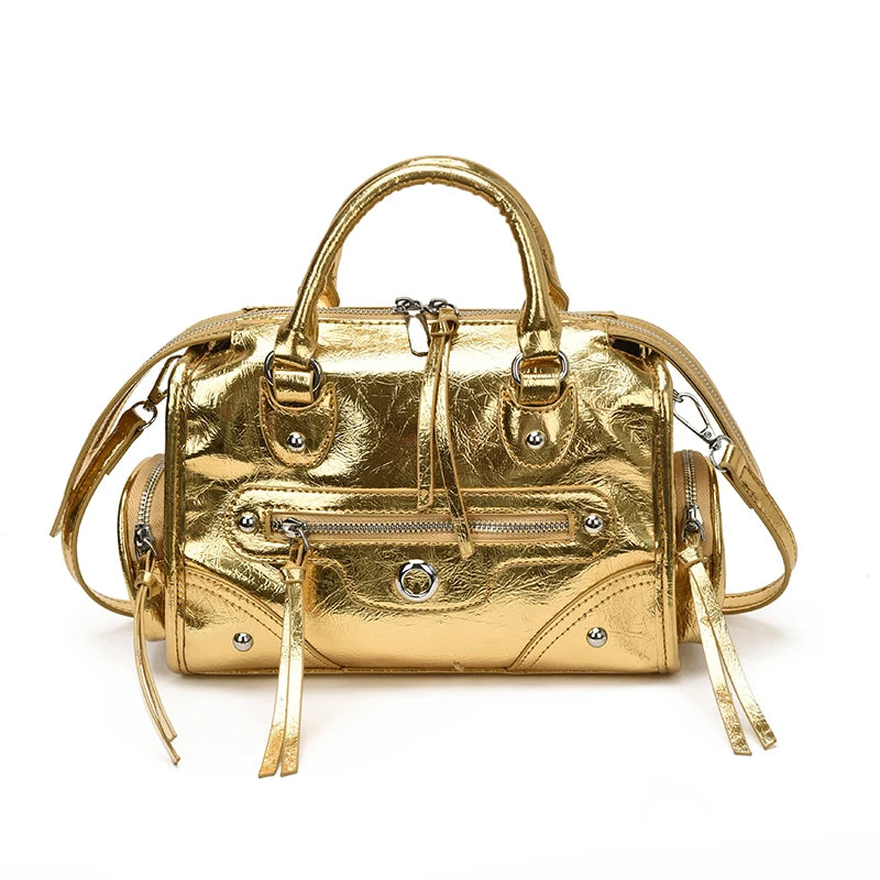 Luxury Metallic Silver Gold Patent Leather Motorcycle Bag Cool Rivet Tassel Mini Boston Handbag Trendy Crossbody Purse