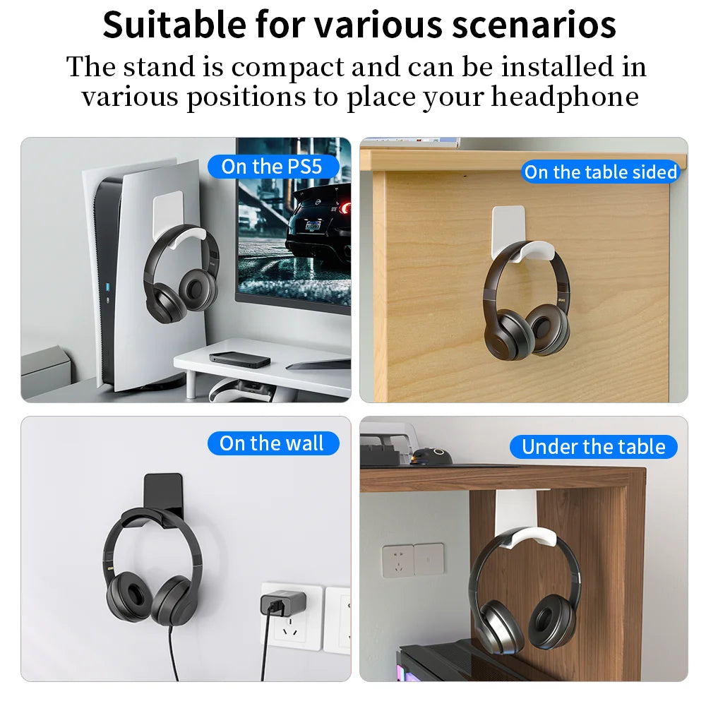 Universal Headphone Stand No Punching Plastic Wall Mount Hanger Under Desk Headset Rack Holder Support for Gaming Earphone