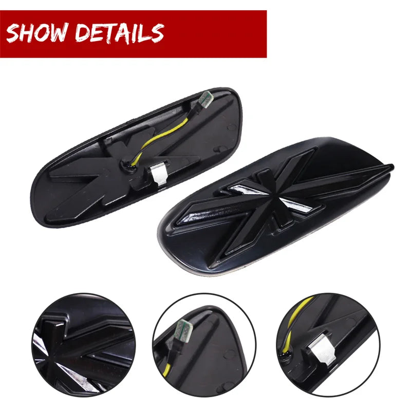 For Mini Cooper F55 F56 Hatchback & F57 Convertible Union Jack Pattern Sequential Amber LED Front Side Marker Turn Signal Lights