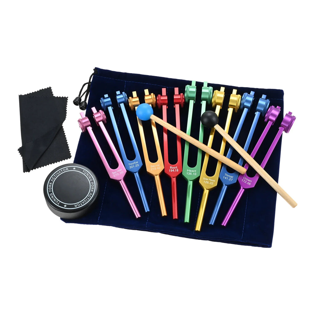 8pcs Chakra Tuning Forks 126.22/136.1/141.27/172.06/194.18/210.42/221.23/272.2Hz Wood Stands Activator Hammer Valise Gift Box
