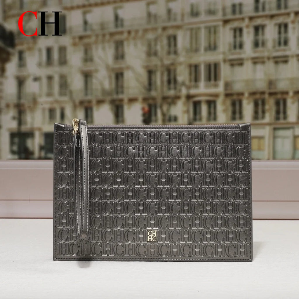 CH Clutch Bag Women Embossed Monogram PU Leather Wristlet Handbag Zipper Envelope Purse Large Capacity Evening Daily Wallet
