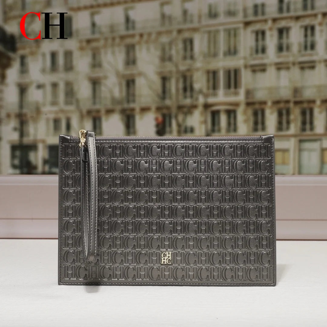 CH Clutch Bag Women Embossed Monogram PU Leather Wristlet Handbag Zipper Envelope Purse Large Capacity Evening Daily Wallet
