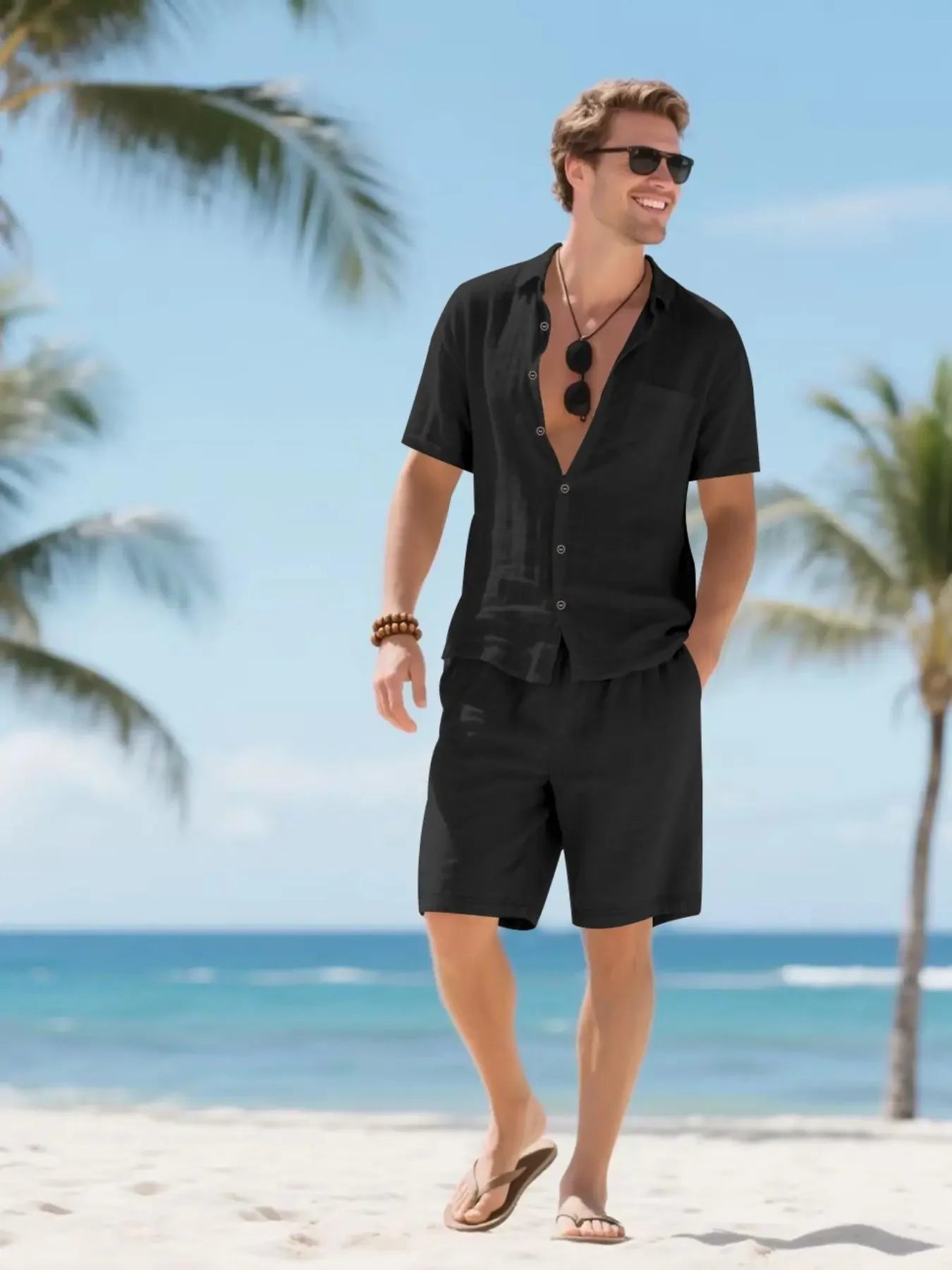 Men's Classic Solid Color Linen Breathable Shirt & Shorts Set, Regular Fit Casual Short Sleeve Button Down Top & Shorts, Men's