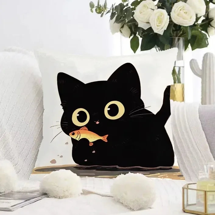Cute Black Cat Double-sided Printed pillow cover Short plush Suitable living rooms bedrooms sofas throw cushion cover