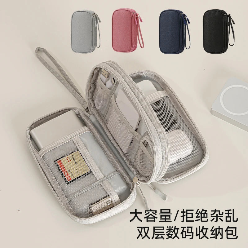 Portable Double Layer Digital Storage Bag Adjustable Dividers Travel Cable Organizer Case for Power Bank Hard Drive Charger