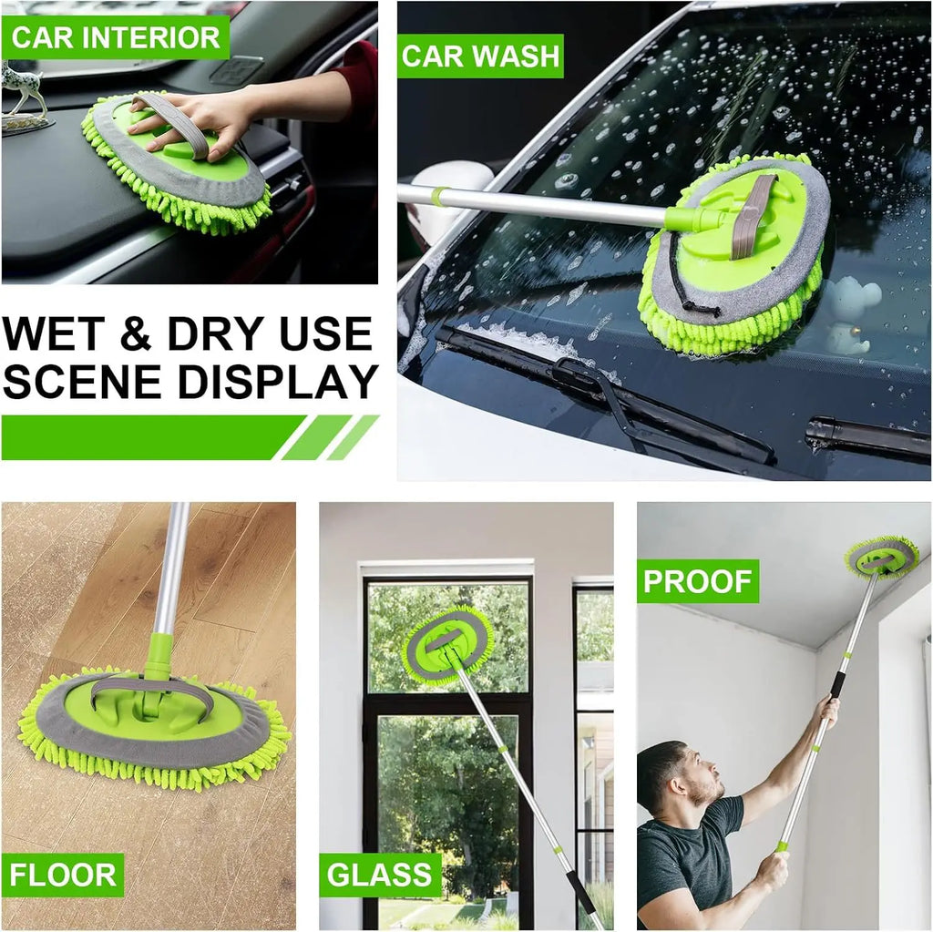 1 Set of Green Car Wash Mop with Attachable Brush Head, Extra-Long Car Cleaning Mop, Chenille 4-Section Detachable Mop, Also Suitable for Household Cleaning, Multifunctional Cleaning Mop