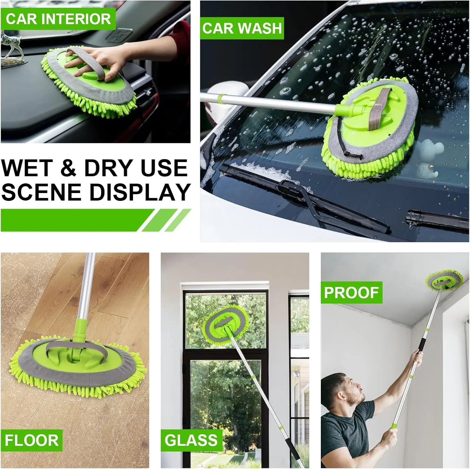 1 Set of Green Car Wash Mop with Attachable Brush Head, Extra-Long Car Cleaning Mop, Chenille 4-Section Detachable Mop, Also Suitable for Household Cleaning, Multifunctional Cleaning Mop