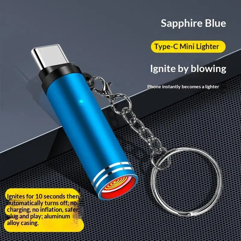 Type C Mini Lighter Blow-to-Ignite Auto Shut-Off For Air Travel Outdoor No Battery No Flame Portable Safety Lighter Adapter