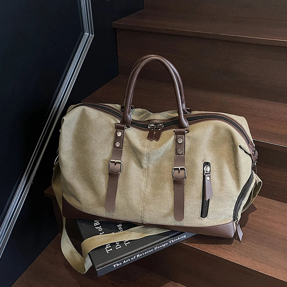 Vintage Canvas Casual Weekend Bag Travel Tote Bag Portable Large Capacity Duffel Bag With Shoe Compartment Crossbody Luggage Bag