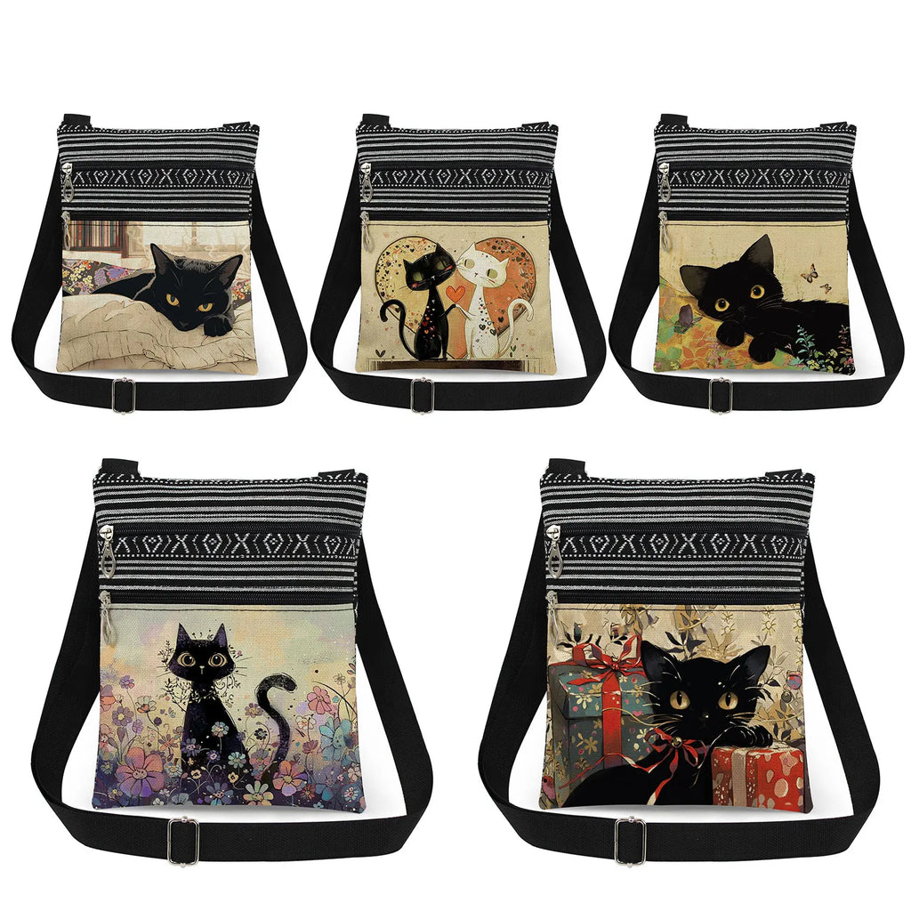 Cute Cartoon Black Cat Print Crossbody Bags Shoulder Bags For Women Daily Travel Portable Small Messenger Bags Catkeeper Gift