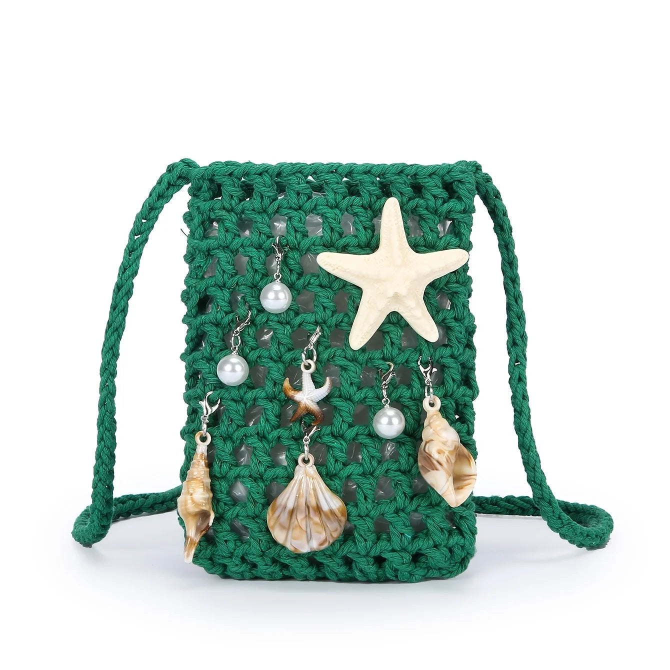"Crochet Evening Bag w/ Ocean Pendant – Casual Chic for Women, White-Collar, Gifts for Mom, Teacher, Friend."