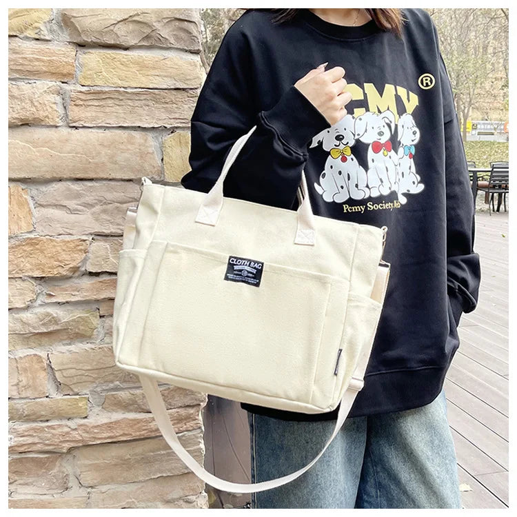 Urban Minimalist Female Student Large Capacity Commuting Horizontal Canvas Single Shoulder Diagonal Cross Portable Tote Bag