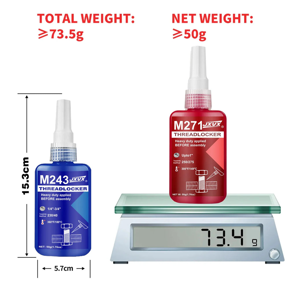 50ML Threadlocker 243-271 Blue-Red High Strength Quickly Cured  Locking Agent , Strong Adhesive Primerless Oil Tolerant Thread Locker Seal for Machinery Motor Engine Compressor.