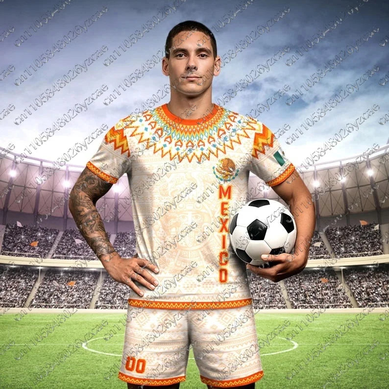 Mexico Football Jersey National Flag Print Soccer Shirt Breathable and Quick DryingTeam Kit T-shirt Shorts Set for Men and Women