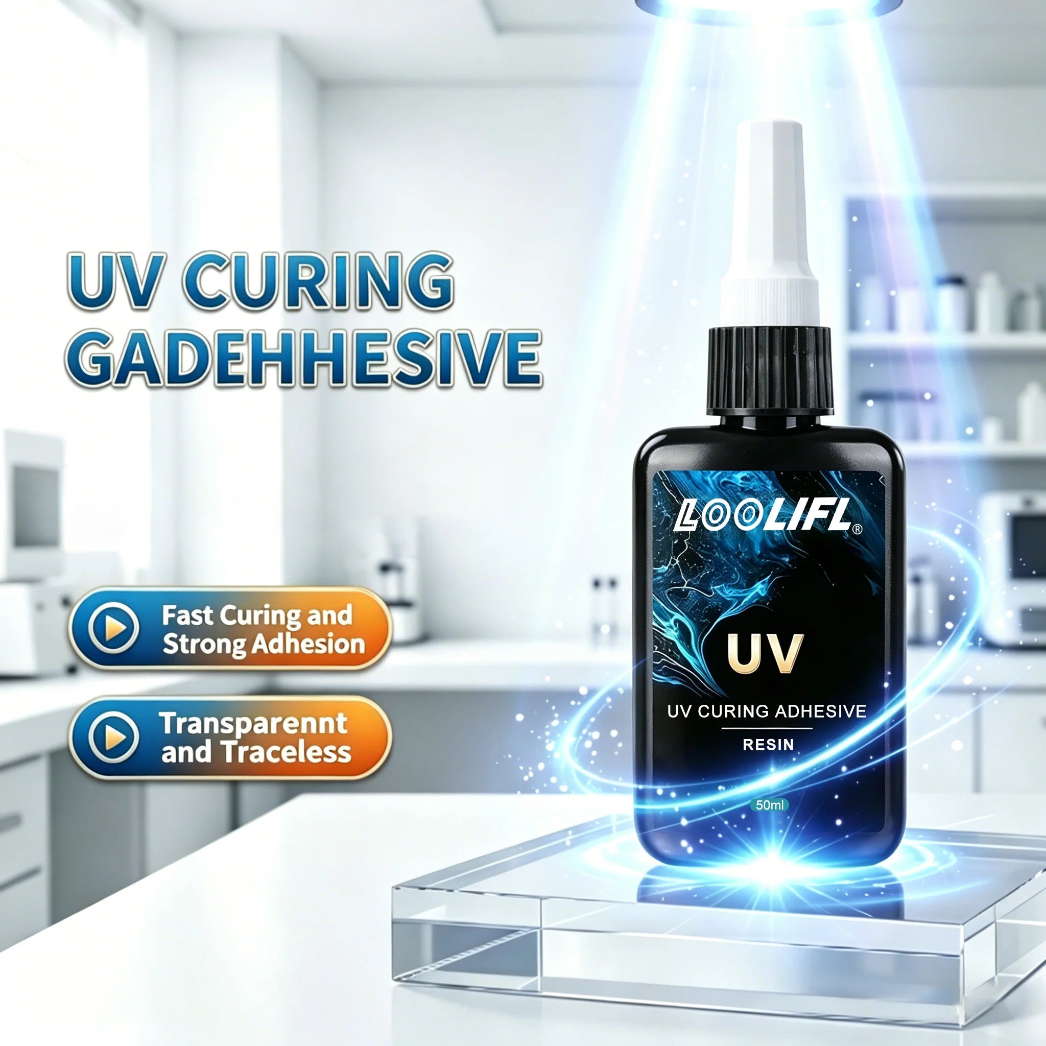 LOOLIFL50ml UV GlueUV Curing Adhesive Resin,Transparent Traceless Strong Adhesive Fast Curing For Glass Metal Plastic DIY Crafts
