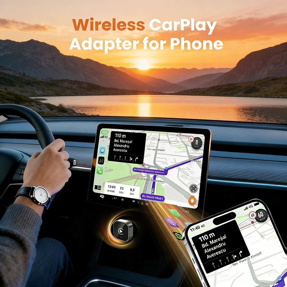 2026 Wireless CarPlay Adapter for iPhone ＆ Android Auto Mini Wired to Wireless Apple Car Play Adapter Plug & Play Compatible for