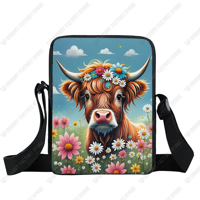 Scottish Highland Cows Print Crossbody Bag Highland Cow Sunflower Women Handbag Key Money Phone Holder Messager Shoulder Bag