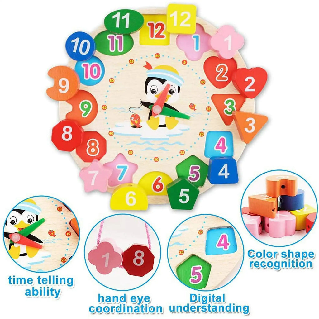 Clock Toy Wooden Teaching Clock Penguin Clock Toys Teaching Time Number Puzzle Stacking Montessori Educational Toys for Kids