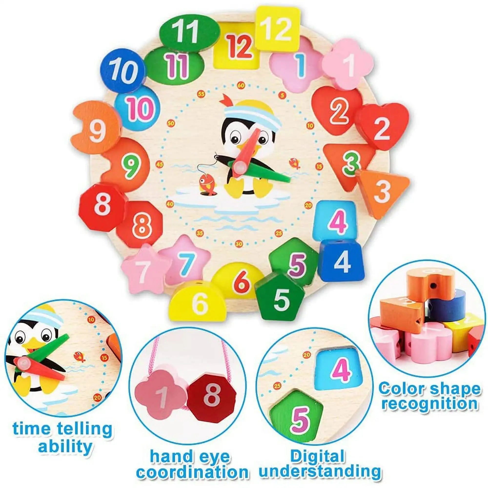 Clock Toy Wooden Teaching Clock Penguin Clock Toys Teaching Time Number Puzzle Stacking Montessori Educational Toys for Kids