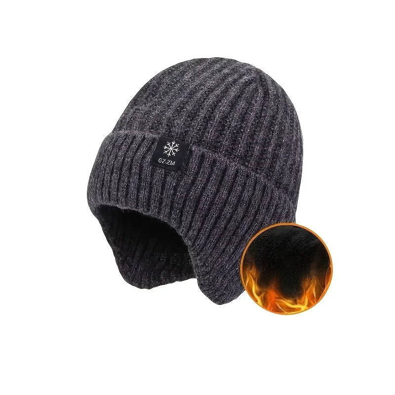 Men's Winter Thermal Faux Fur Lined Beanie with Ear Flaps, Thicken Knitted Cap for Windproof Skiing, Hiking, Cycling Bomber Hats