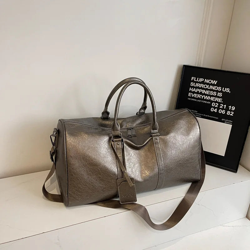 1pcs PU Leather Travel Bag Reinforced Double Handles Multi Zipper Pockets Men Daily Workout Portable Crossbody Storage Bag