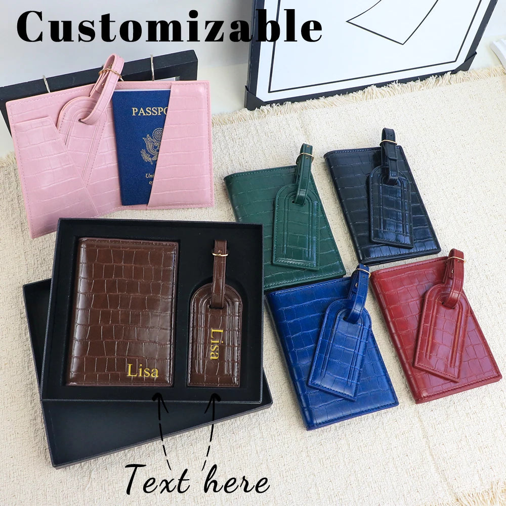 Customized Name PU Leather Crocodile Skin Pattern Luggage Tag + Passport Holder Gift Box Bag Accessories