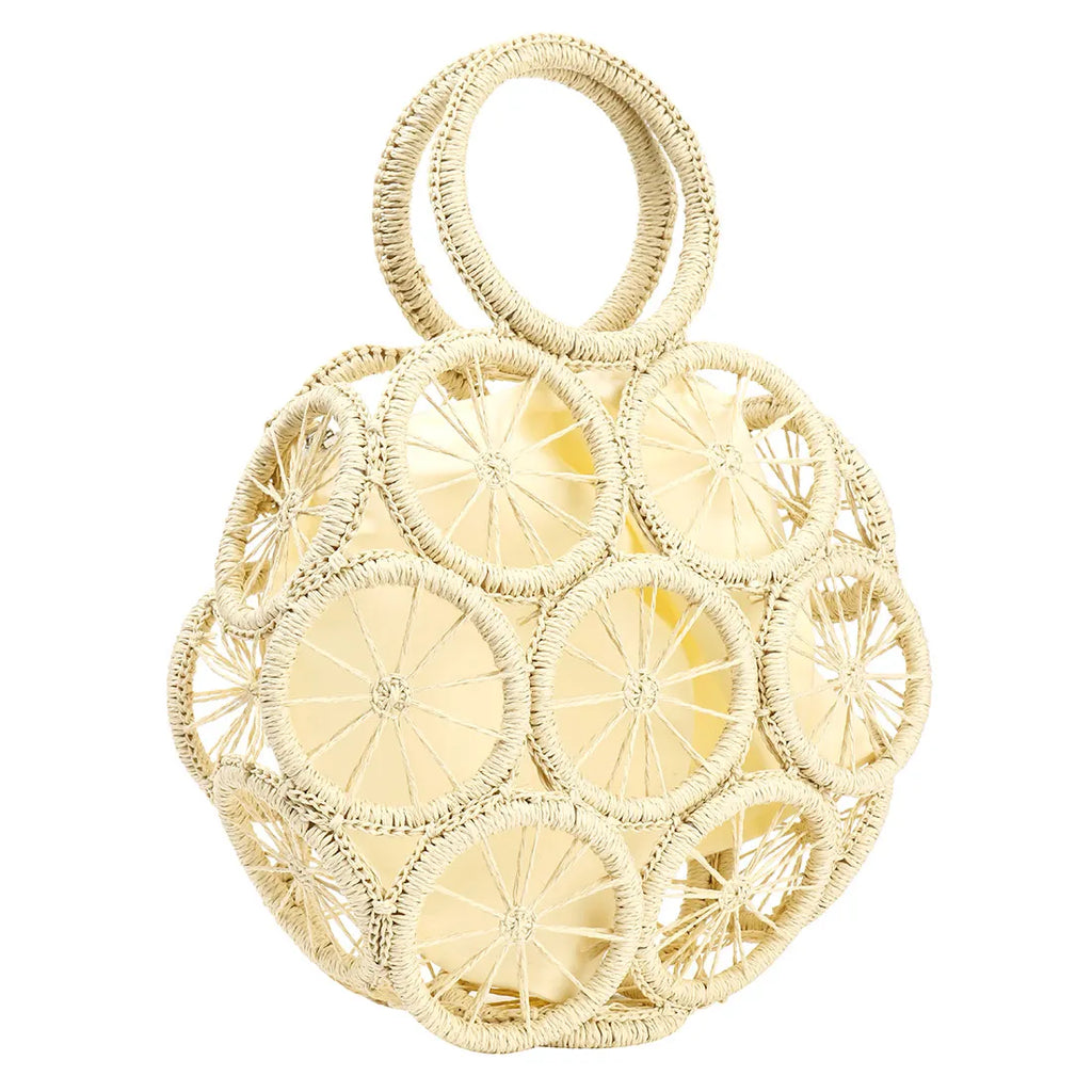 Round Straw Bag Rattan Woven Handbag For Women Large Capacity Shoulder Tote Purse Ladies Holiday Beach Wood Handle Shopping Bag