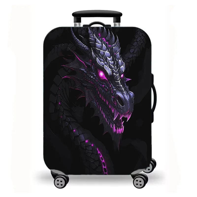 Luggage Cover, Fantasy Dragon Dinosaur Print Stretch Suitcase Protector, Medieval Castle Mythical Creature Travel Design