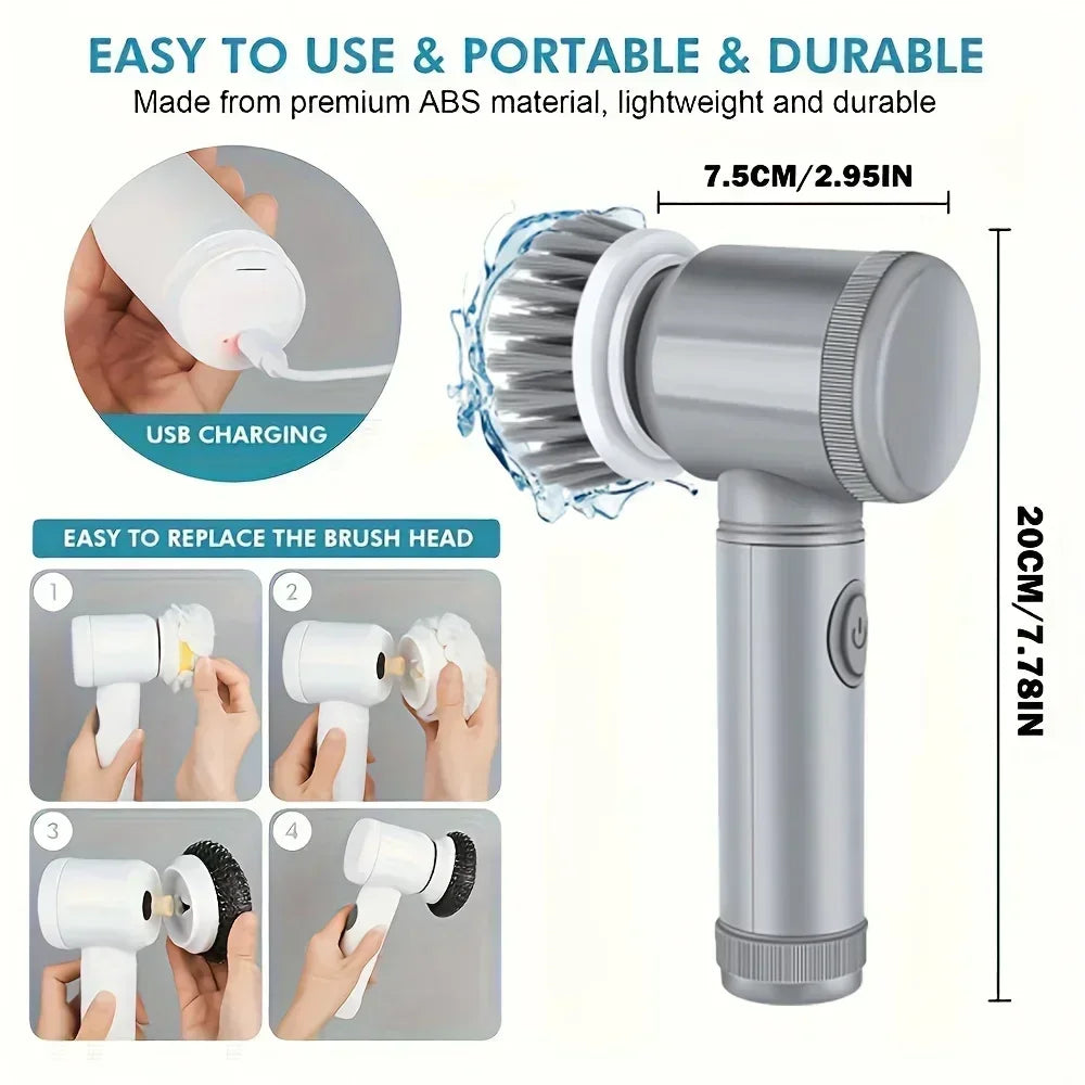 Wireless Electric Spin Brush Cleaner 5-Pack Replaceable Heads Rotating Deep Cleaning Tool for Household Surfaces
