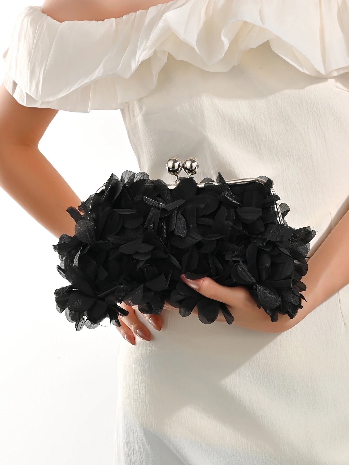 3D Floral Decor Clutch Bag, Elegant Silk Appliques Dinner Purse For Wedding Party Prom Banquet - Perfect for Wedding， Party