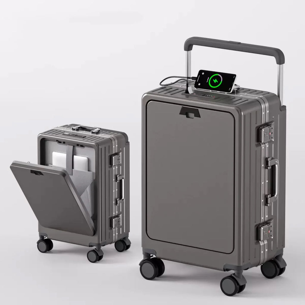 Front-Opening Luggage Box Carry-On Suitcase Swivel Wheels Charging Travel Suitcase Aluminum Frame Password Handle Boarding Plane