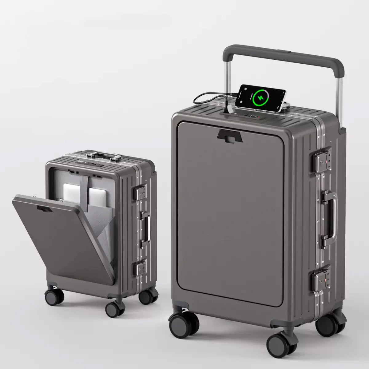 Front-Opening Luggage Box Carry-On Suitcase Swivel Wheels Charging Travel Suitcase Aluminum Frame Password Handle Boarding Plane