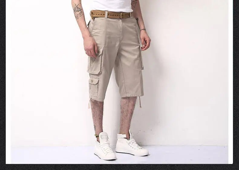 New Men's Seven Division of Labor Pants Trend Loose Large Size Cotton Five Points Shorts Men Multi Pocket 7 Points Pants