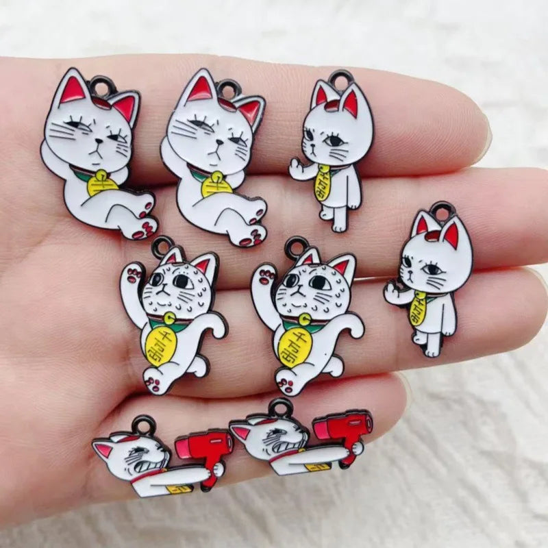 10pcs Cartoon Wealth Cat Pendant Necklace Bracelet Keychain DIY Jewelry Accessories Craft Accessories