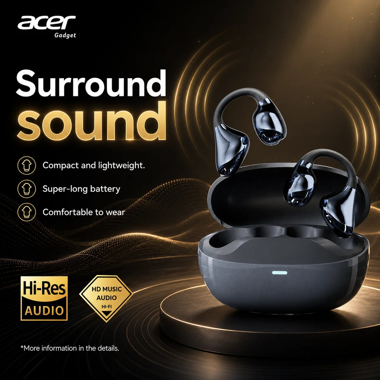 Acer OHR629 Open Ear Clip Headphones Comfortable Wear Hi-Res Audio Wireless Bluetooth 5.3 Earbuds with Mic