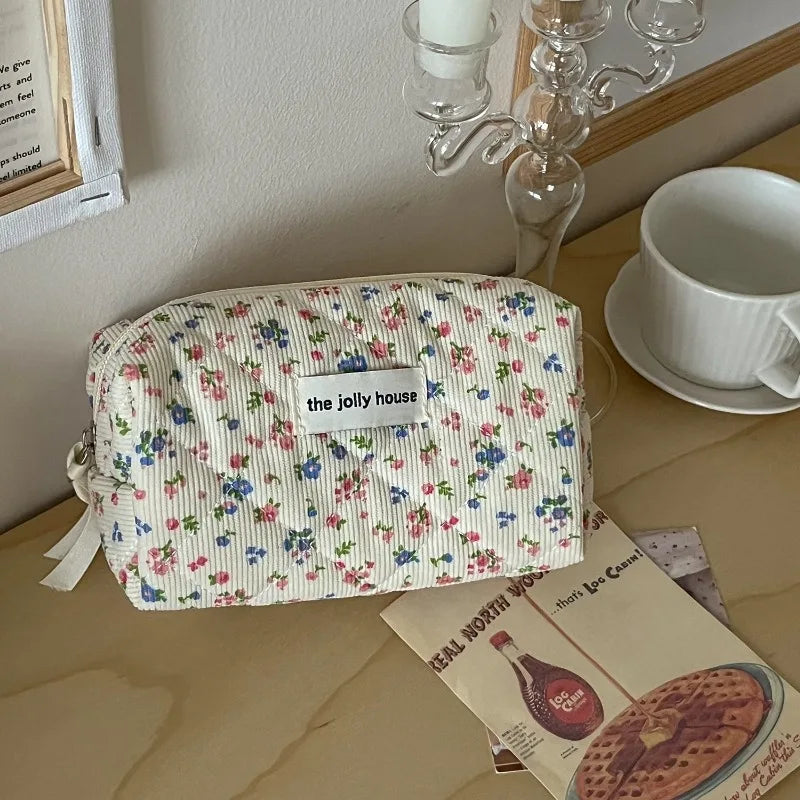 3pcs Floral Clutch Bag Flower Quilting Cotton Makeup Bag Women Zipper Cosmetic Organizer Handbag Portable Toiletry Case for Girl
