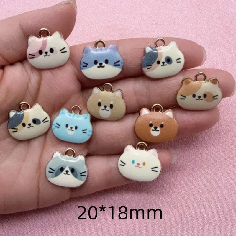 12pcs Printed Cat Head Alloy Drip Oil Pendant, DIY Jewelry Making Earrings, Keychains, Accessories