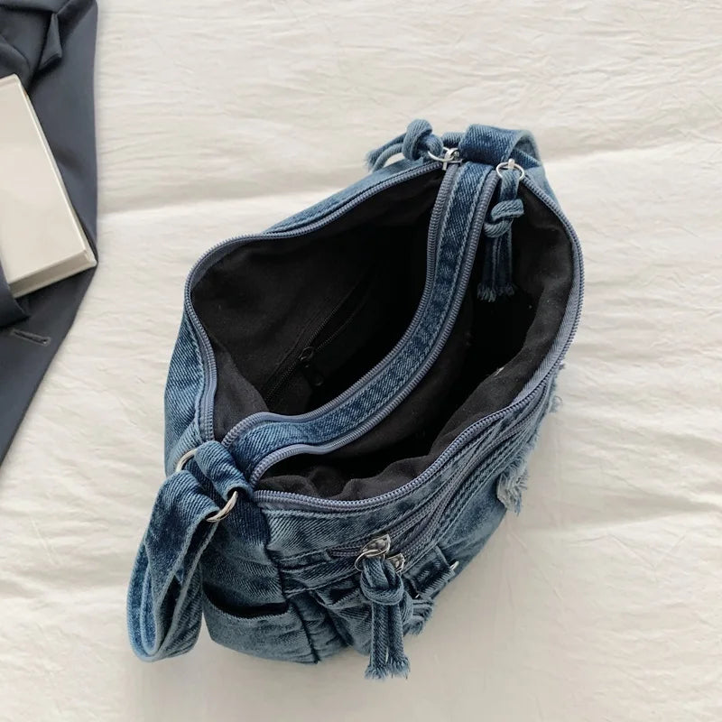 Korean Version Denim Crossbody Bag with Cute Butterfly Embroidery – Adjustable Strap, Multi-Pocket Small Sling for Women