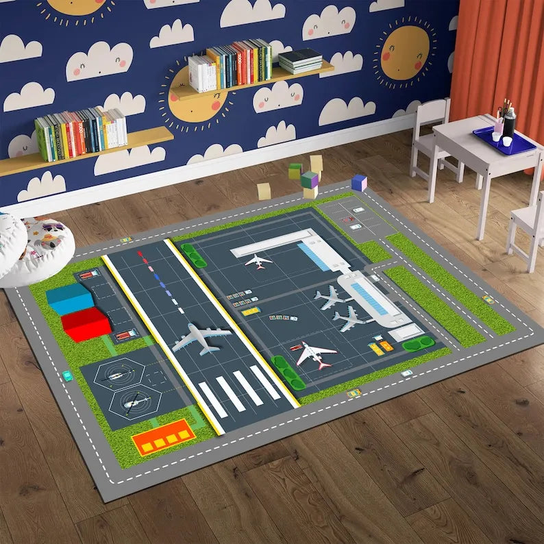Airport Runway Carpet Mat Rug Aeroplane Theme Home Decoration Non-slip Educational Kids Activity Play Mat with Terminal Design