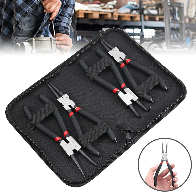 4Pcs Circlip Plier Set 7'' Long Nose Plier Staight Bent Plier Inner Outer Staight Bent Plier Retaining Snap Ring Remover Tool