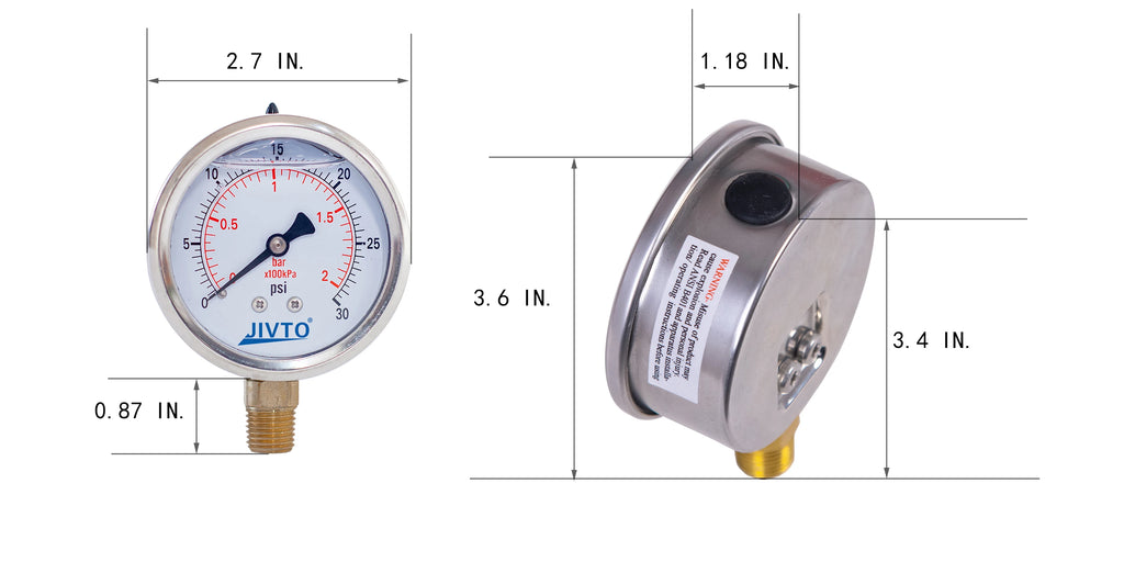 JIVTO Glycerine Filled Pressure Gauge 2.5 Inch 1/4 BSP Lower Mount 15,30,60, 100,160,200,300,400,600,3000 Psi & Bar, Shockproof