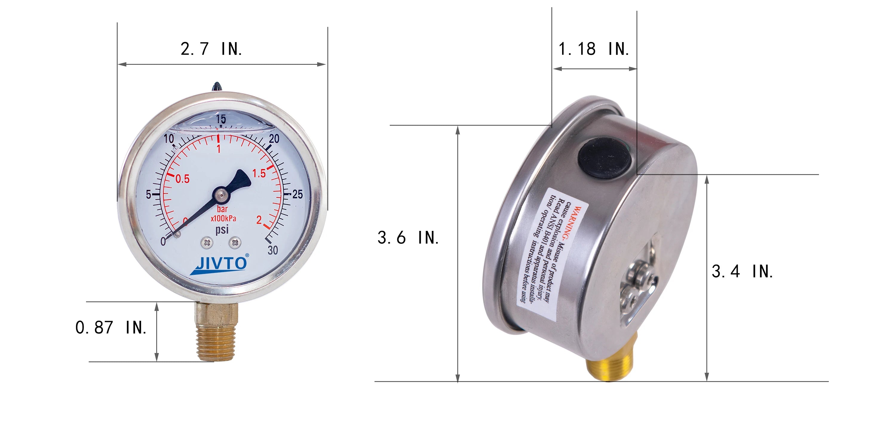 JIVTO Glycerine Filled Pressure Gauge 2.5 Inch 1/4 BSP Lower Mount 15,30,60, 100,160,200,300,400,600,3000 Psi & Bar, Shockproof
