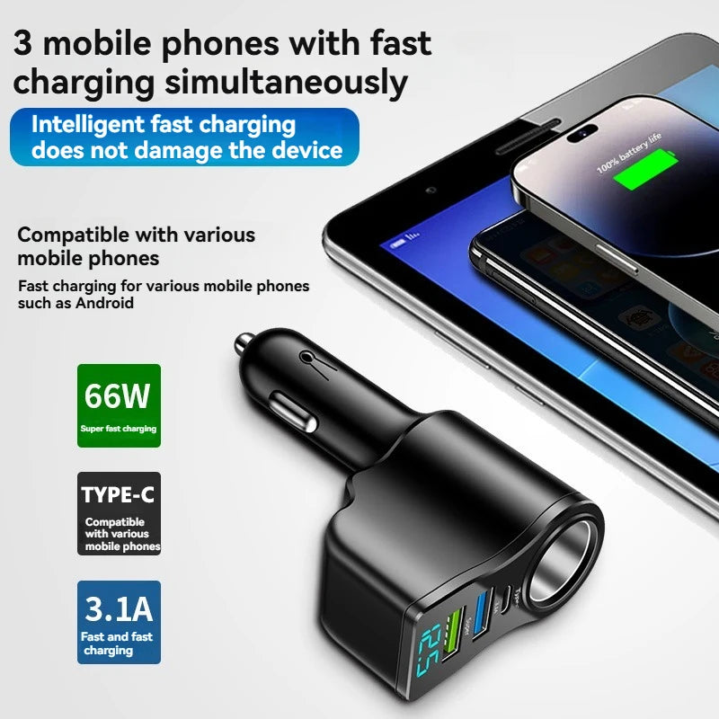 4 in 1 Car Charger Adapter 66W PD Fast Charging USB C Car Charger Cigarette Lighter Splitter with Digital Display