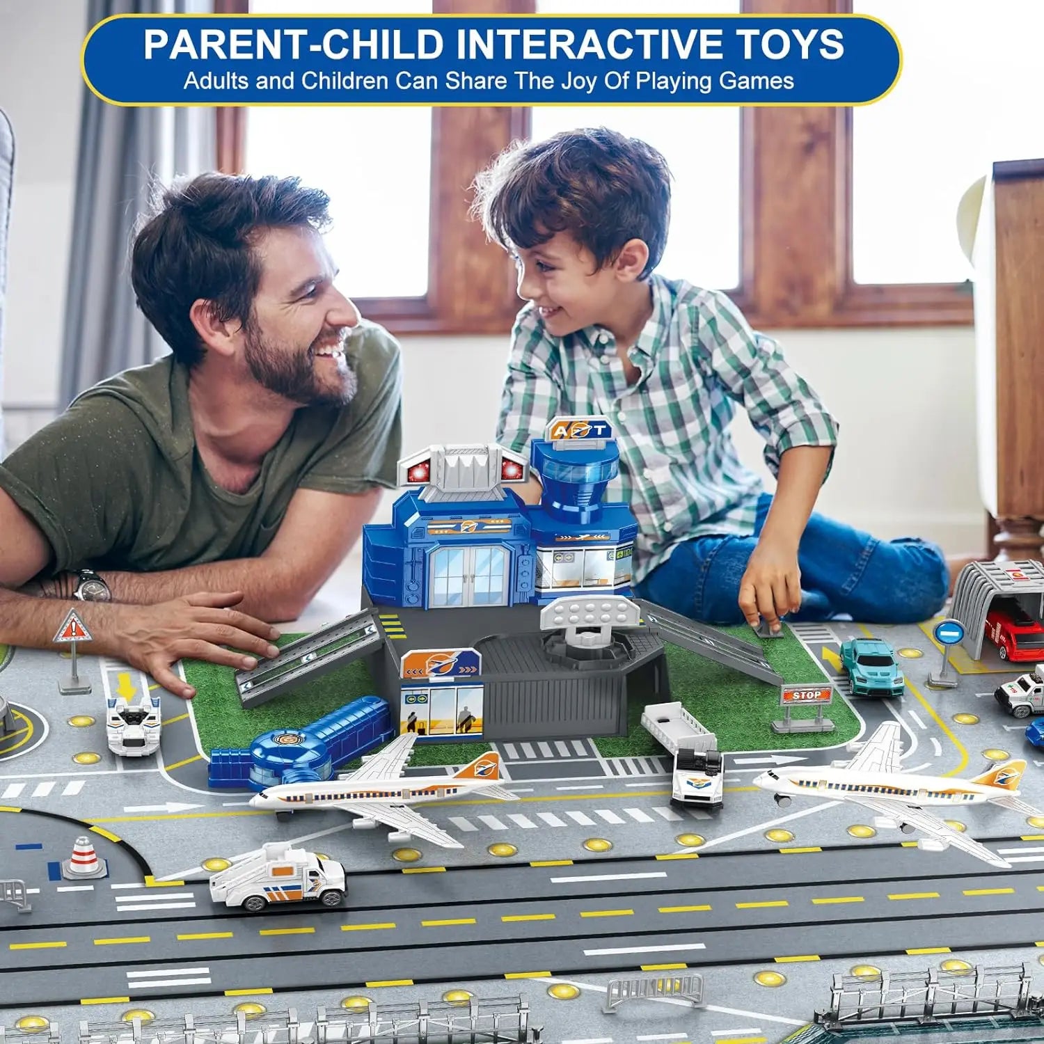 Children's Airport Scene Toy Set with Car, Helicopter, Airplane, Tower, and Airport Play Mat, Transport Aircraft Model, Suitable for Children Aged 3-12, Birthday Gift, Christmas Gift, New Year Gift