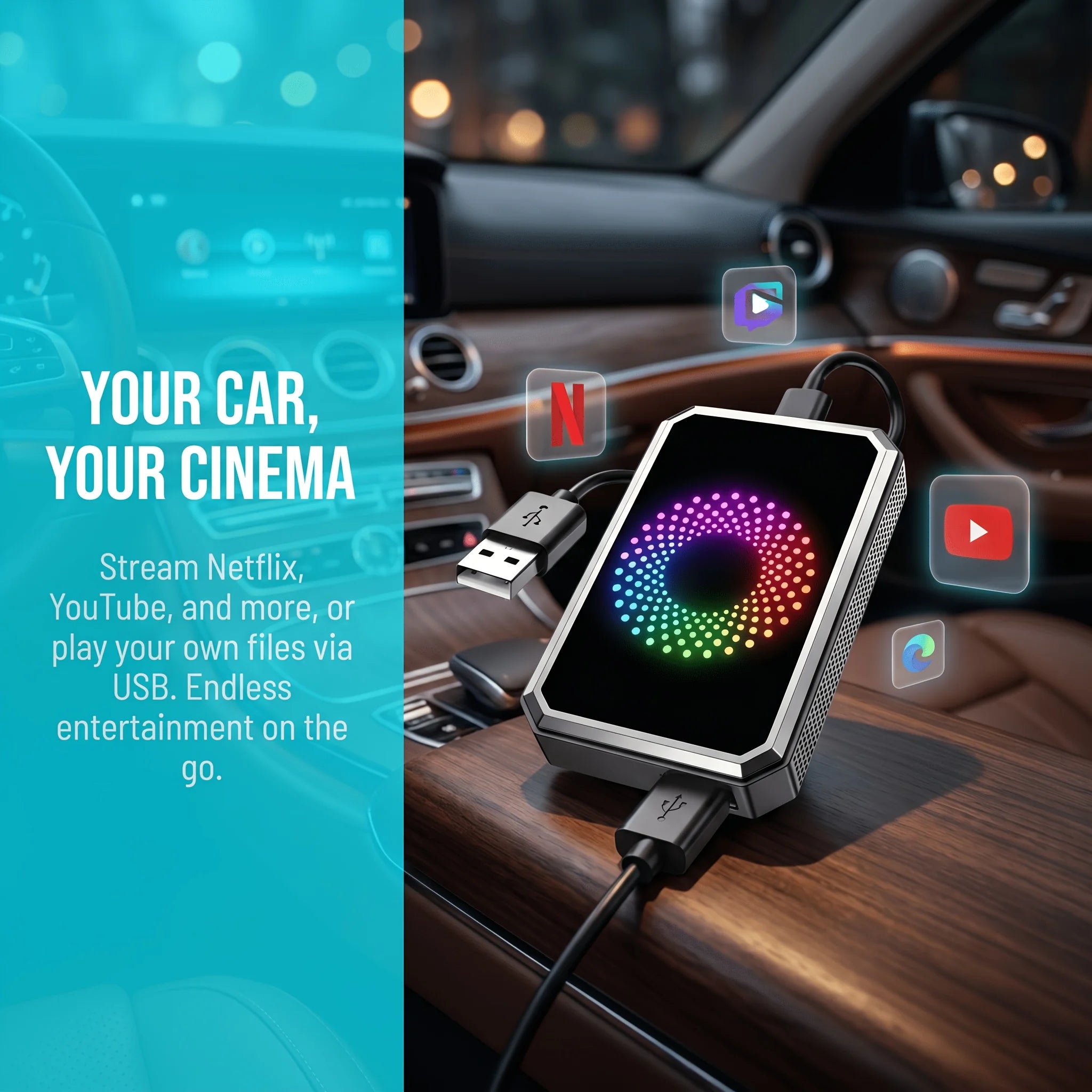 The 3-in-1 Magic Media Box Supports Netflix ,YouTube Streaming. It Comes With a Wireless CarPlay Adapter And a USB Port, And is Compatible With Vehicles Equipped With Factory-installed Wired Apple CarPlay and Android Auto Sys
