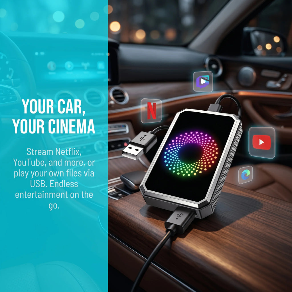 The 3-in-1 Magic Media Box Supports Netflix ,YouTube Streaming. It Comes With a Wireless CarPlay Adapter And a USB Port, And is Compatible With Vehicles Equipped With Factory-installed Wired Apple CarPlay and Android Auto Sys