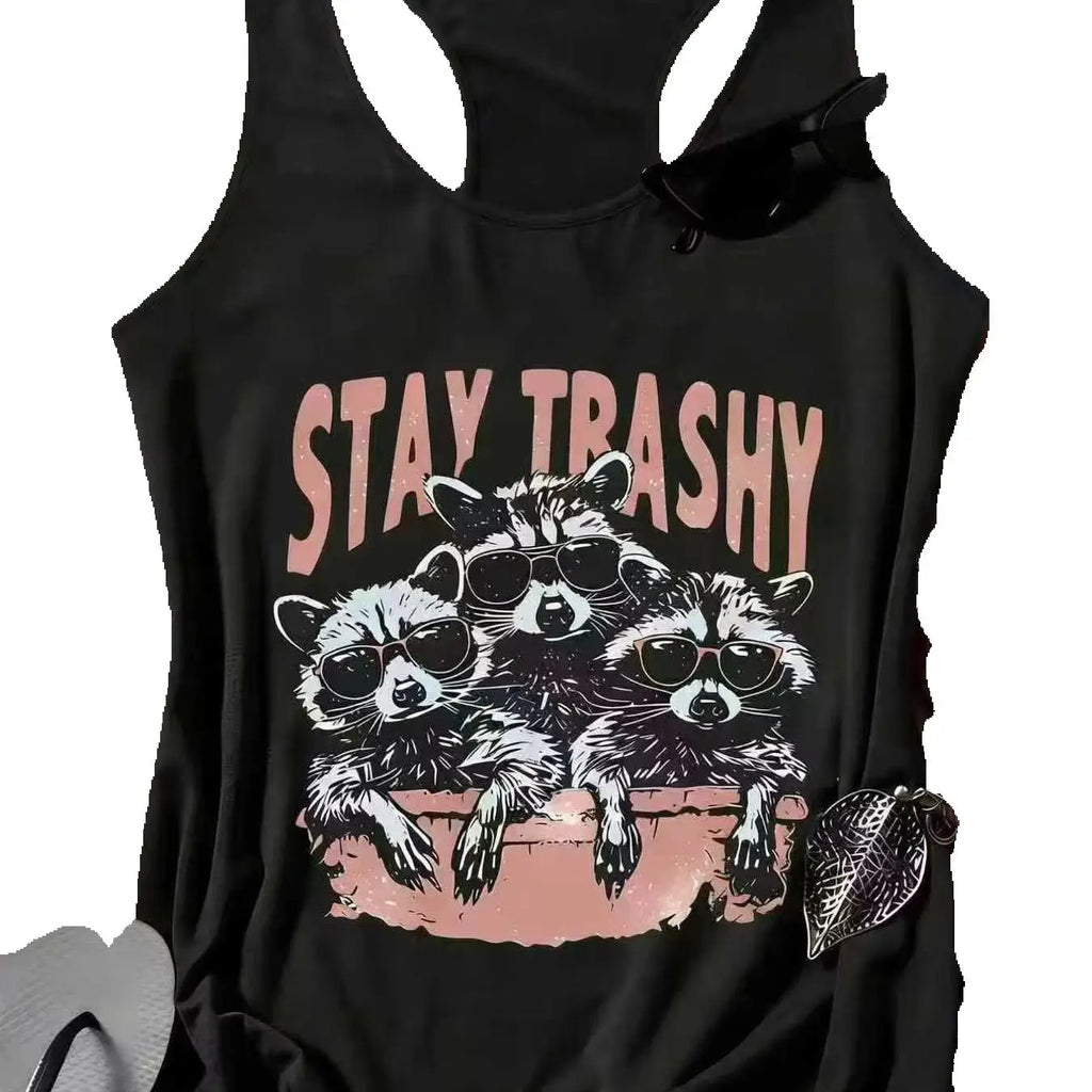 Summer Women's Plus Size Outfit, Funny Sunglasses, Raccoon Print Tank Top, High Street Style Black Casual Sleeveless Top