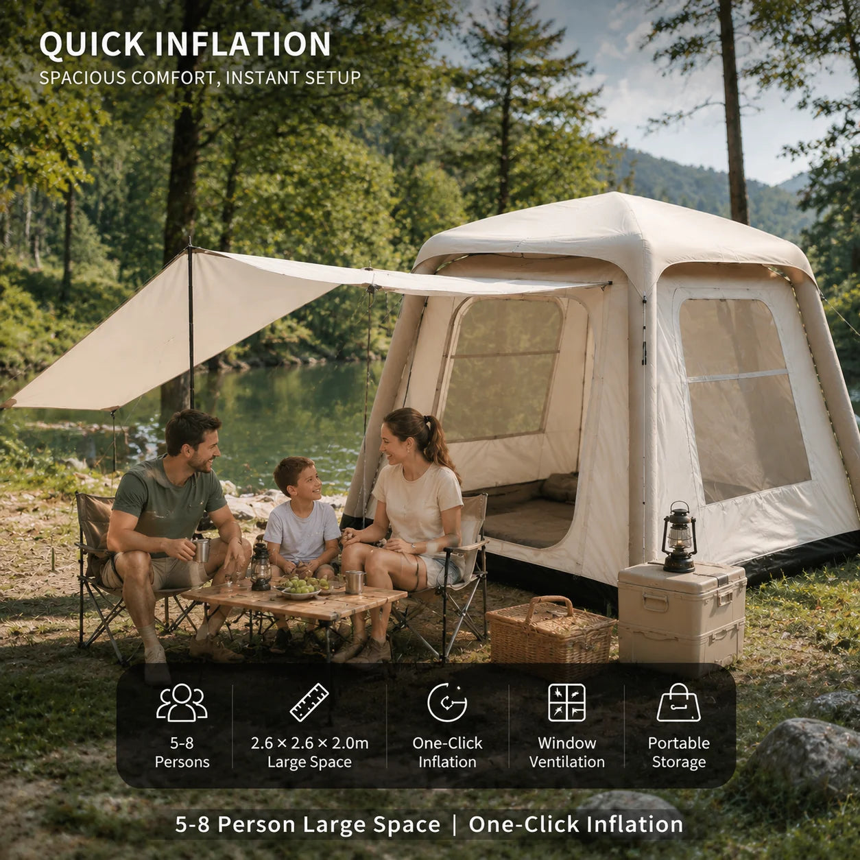 Inflatable Camping Tent for Family Outdoor Travel Waterproof Air Tube Tent Portable Glamping Tent with Pump