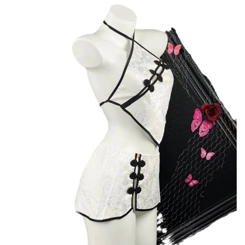 Sleeveless Two-piece Set Temptation Flirtatious Sexy Lingerie Chinese Style Neck Hanging Cheongsam Backless Lace Short Skirt Hot