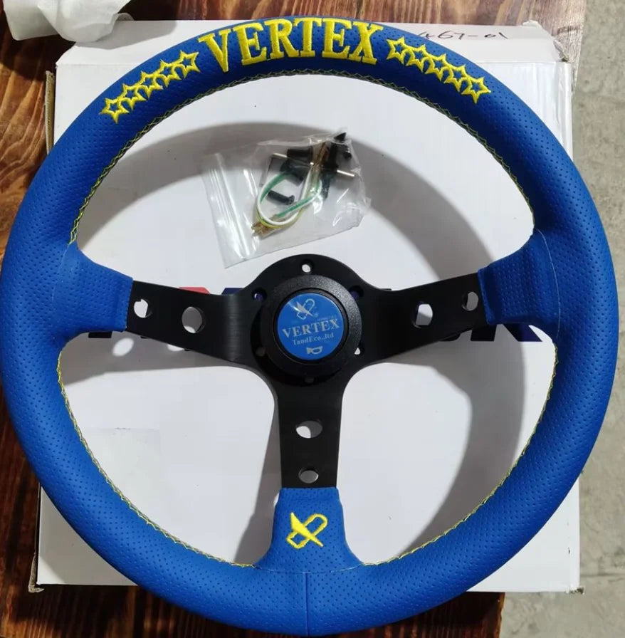 VERTEX Universal Racing Steering Wheel Black Spoke Suede Embroidered Sports Steering Wheel With 6 Holes